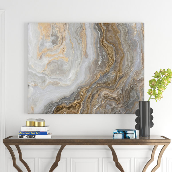 White Marble With Curley Gray And Gold Veins   Wrapped Canvas Painting 